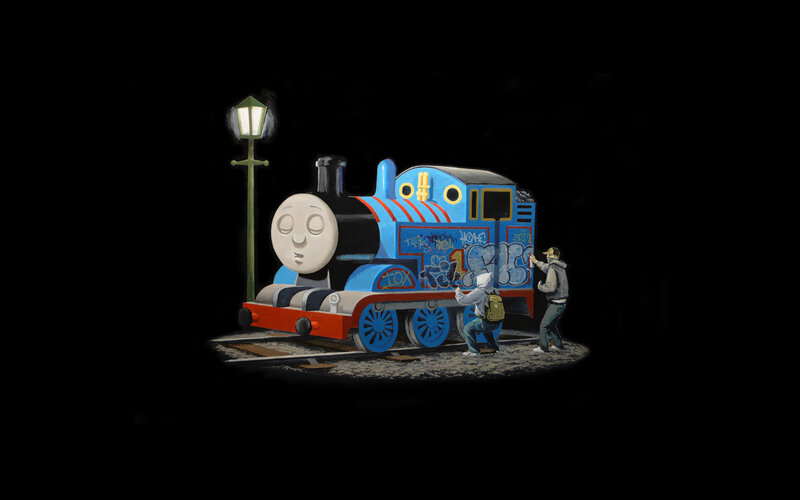 Thomas the Tank Engine — Blue, Dramatic, Night, Illustration, Graffiti, People
