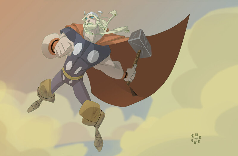 Thor Flying in Clouds