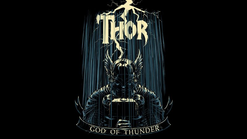 Thor Holding Hammer — Black, Dramatic, Digital Art, Lightning
