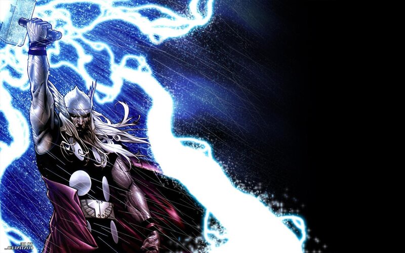 Thor Holding Hammer — Blue, Dramatic, Night, Comic
