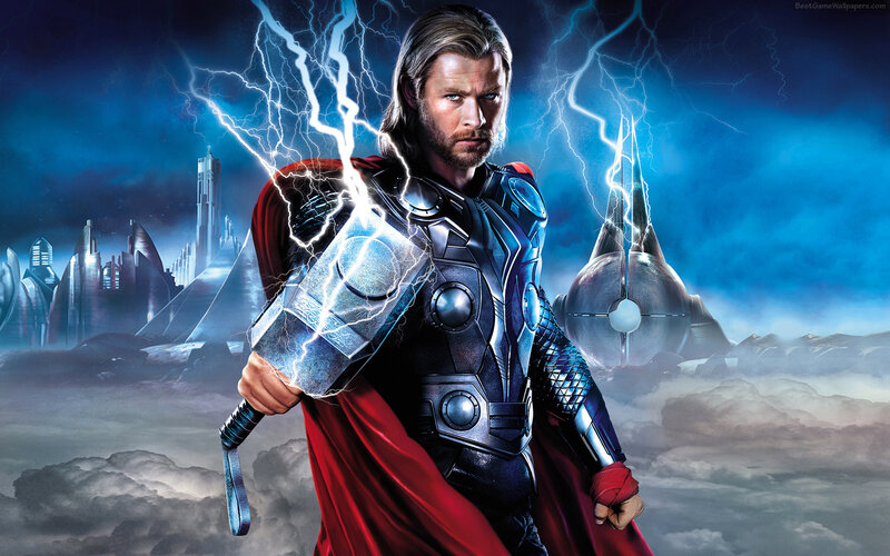 Thor Holding Hammer — Blue, Dramatic, Night, Digital Art