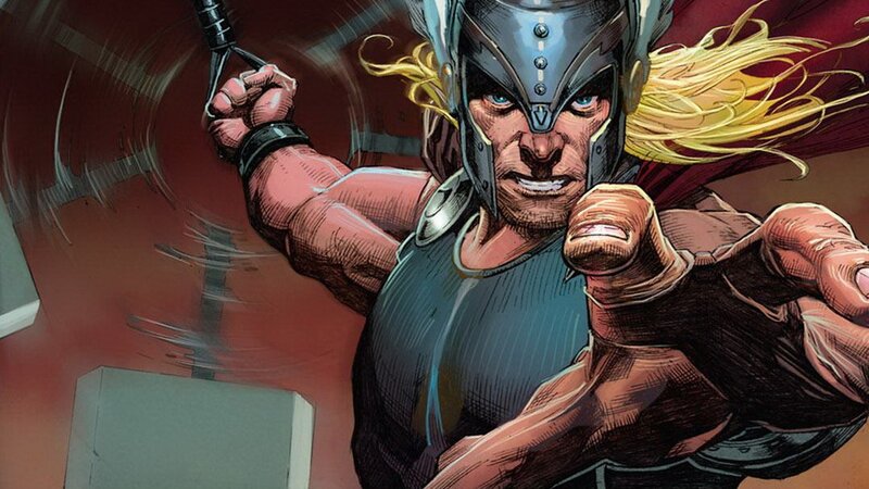 Thor Holding Hammer — Red, Dramatic, Comic