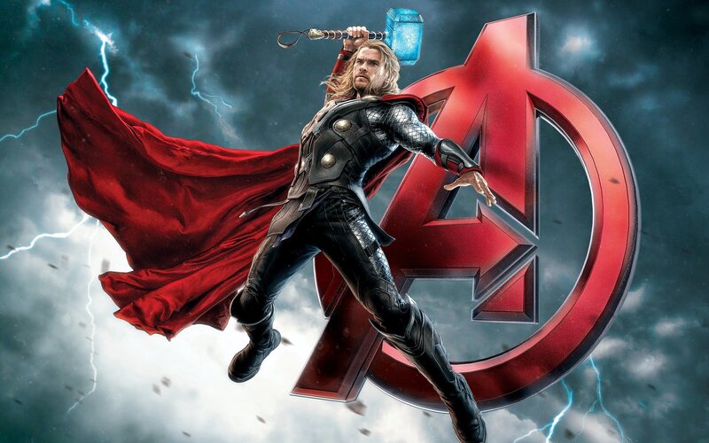 Thor Holding Hammer — Red, Dramatic, Digital Art, Cape, Avengers Logo
