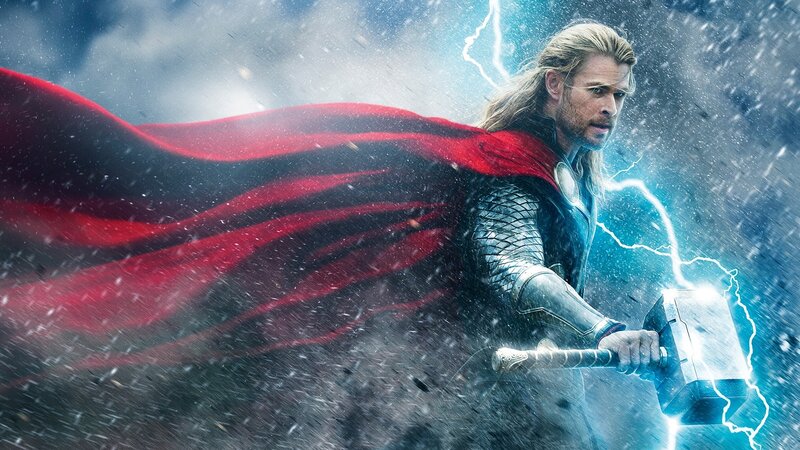 Thor Holding Hammer — Red, Dramatic, Digital Art, Cape, Lightning, Blue