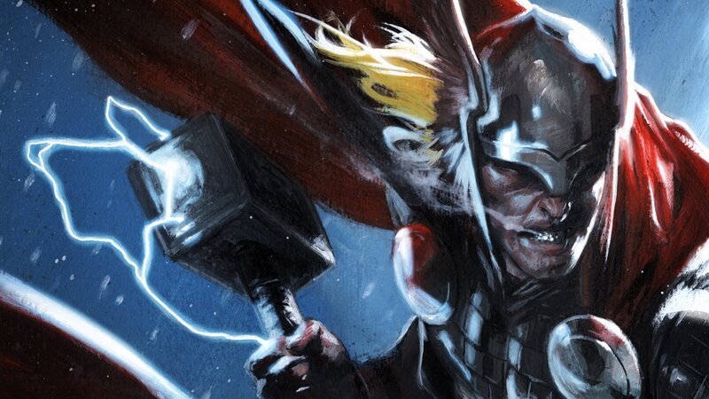 Thor Holding Hammer — Red, Dramatic, Digital Art, Cape, Lightning