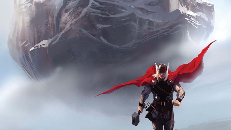 Thor Holding Hammer — Red, Dramatic, Digital Art, Cape, Rock