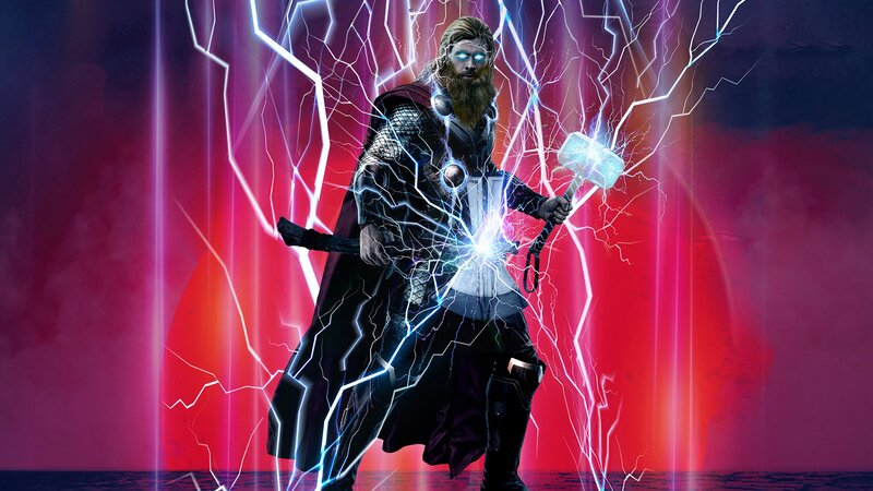 Thor Holding Hammer — Red, Dramatic, Digital Art, Lightning