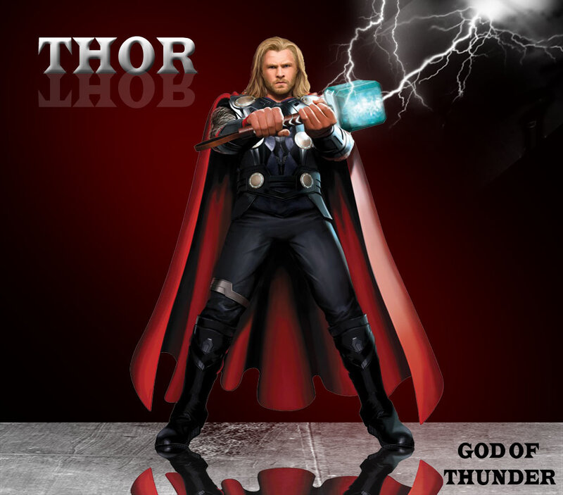 Thor Holding Hammer — Red, Dramatic, Digital Art