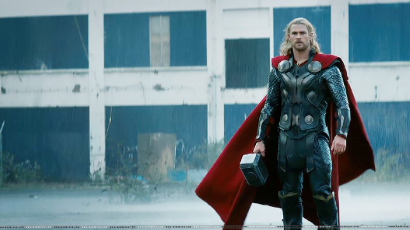Thor Holding Hammer — Red, Dramatic, Photograph, Red Cape, Armor, Building