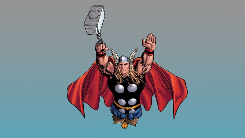 Thor Holding Hammer — Red, Heroic, Comic