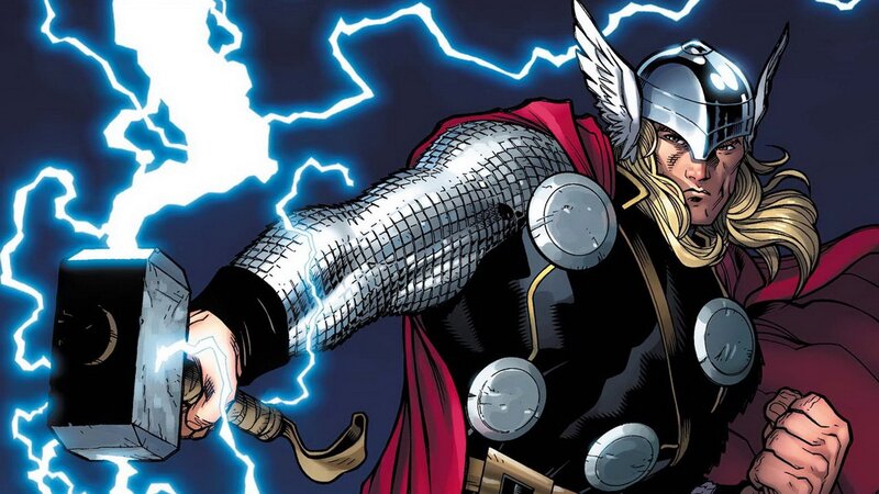 Thor Holding Mjolnir — Blue, Dramatic, Night, Comic
