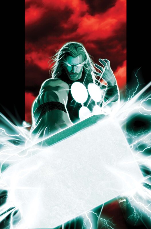 Thor Holding Mjolnir — Red, Dramatic, Comic
