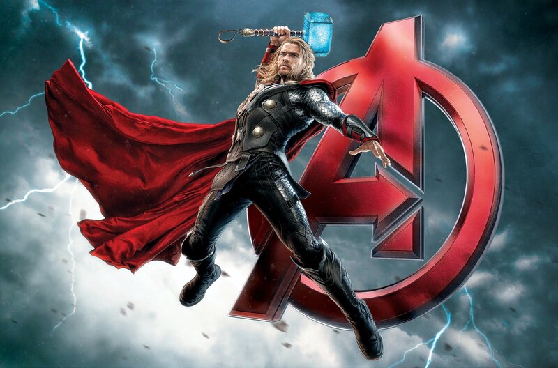 Thor Holding Mjolnir — Red, Dramatic, Digital Art