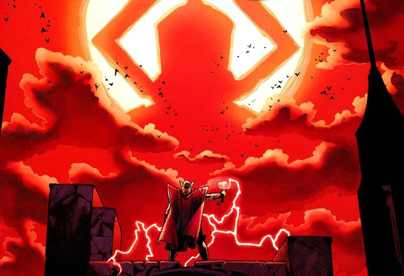 Thor Holding Mjolnir — Red, Dramatic, Night, Comic