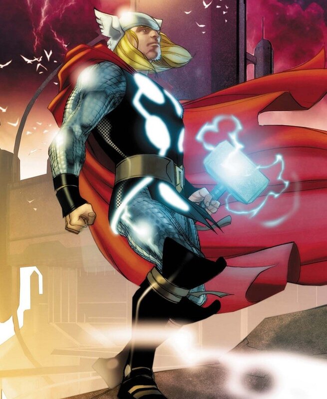 Thor Holding Mjolnir — Red, Dramatic, Sunset