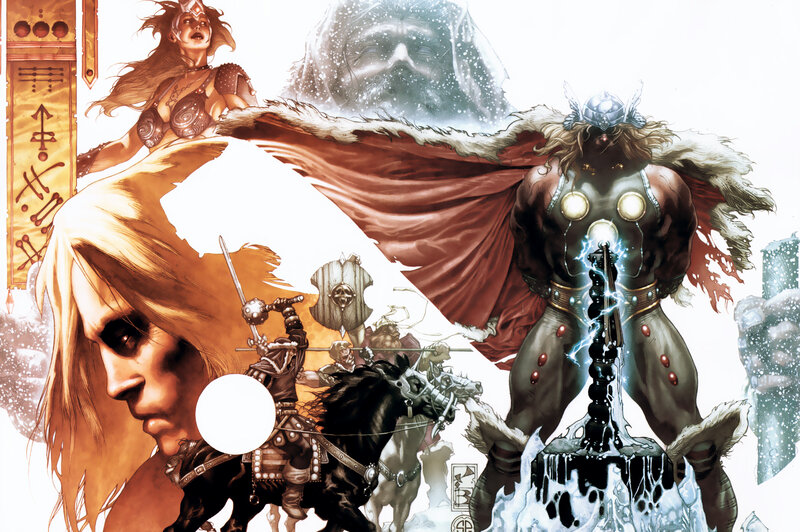 Thor Holding Mjolnir — Red, Dramatic, Winter, Comic