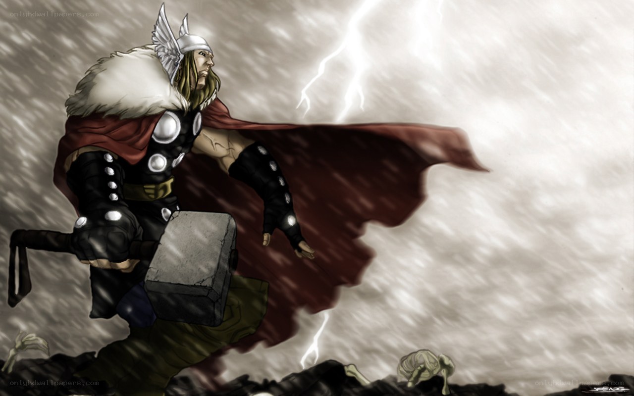Thor in a storm with Mjolnir