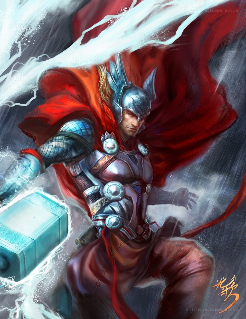 Thor in storm with Mjolnir