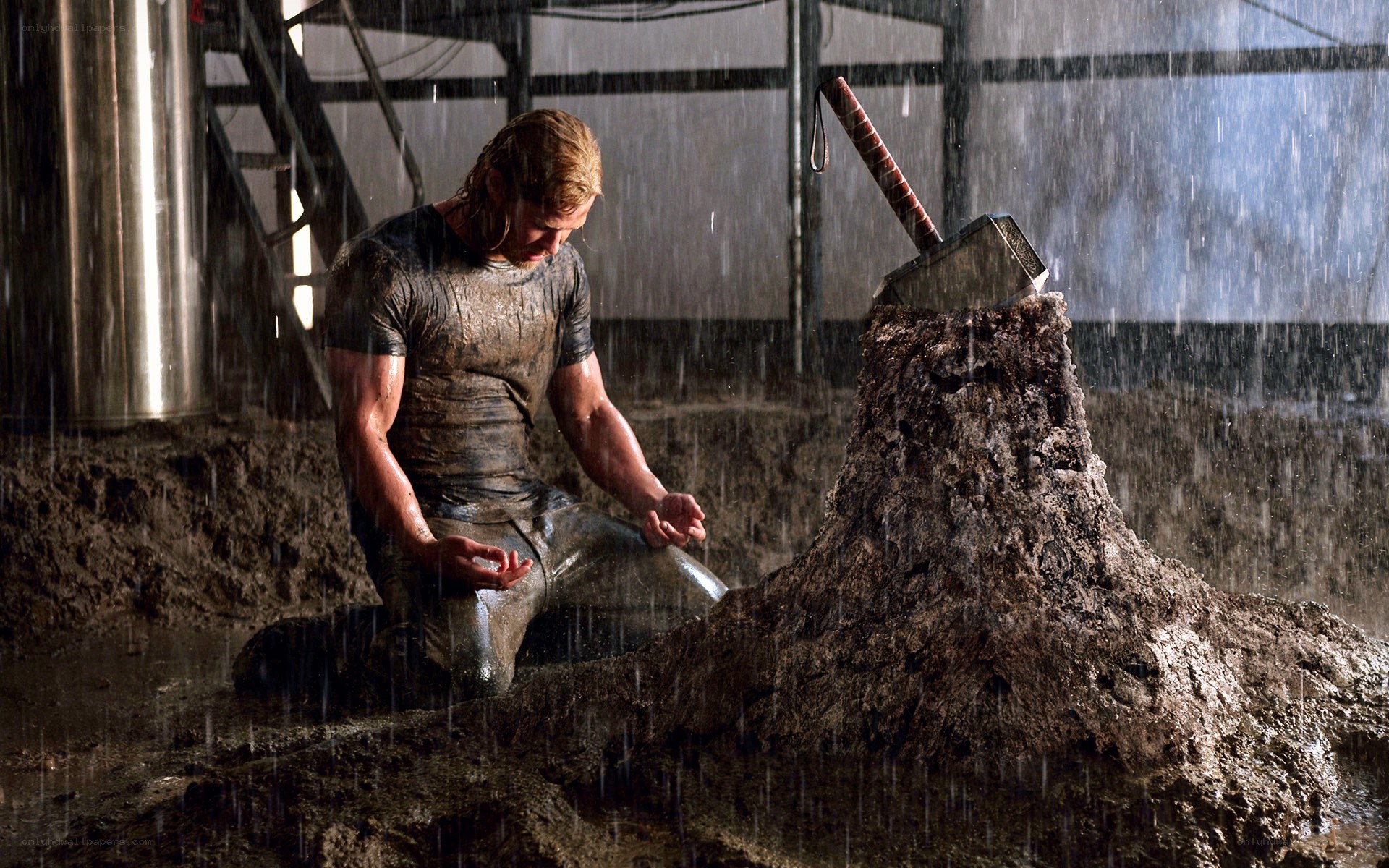 Thor in the rain with Mjolnir