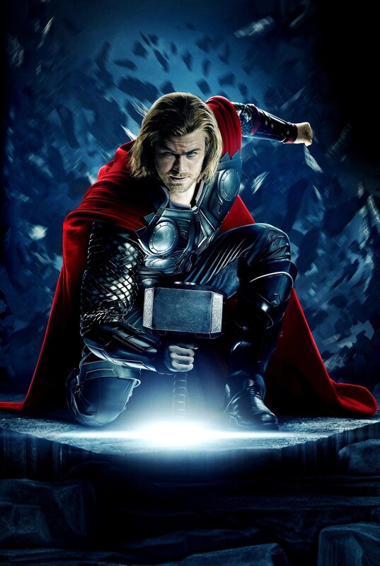 Thor Kneeling with Hammer — Blue, Dramatic, Night, Photograph