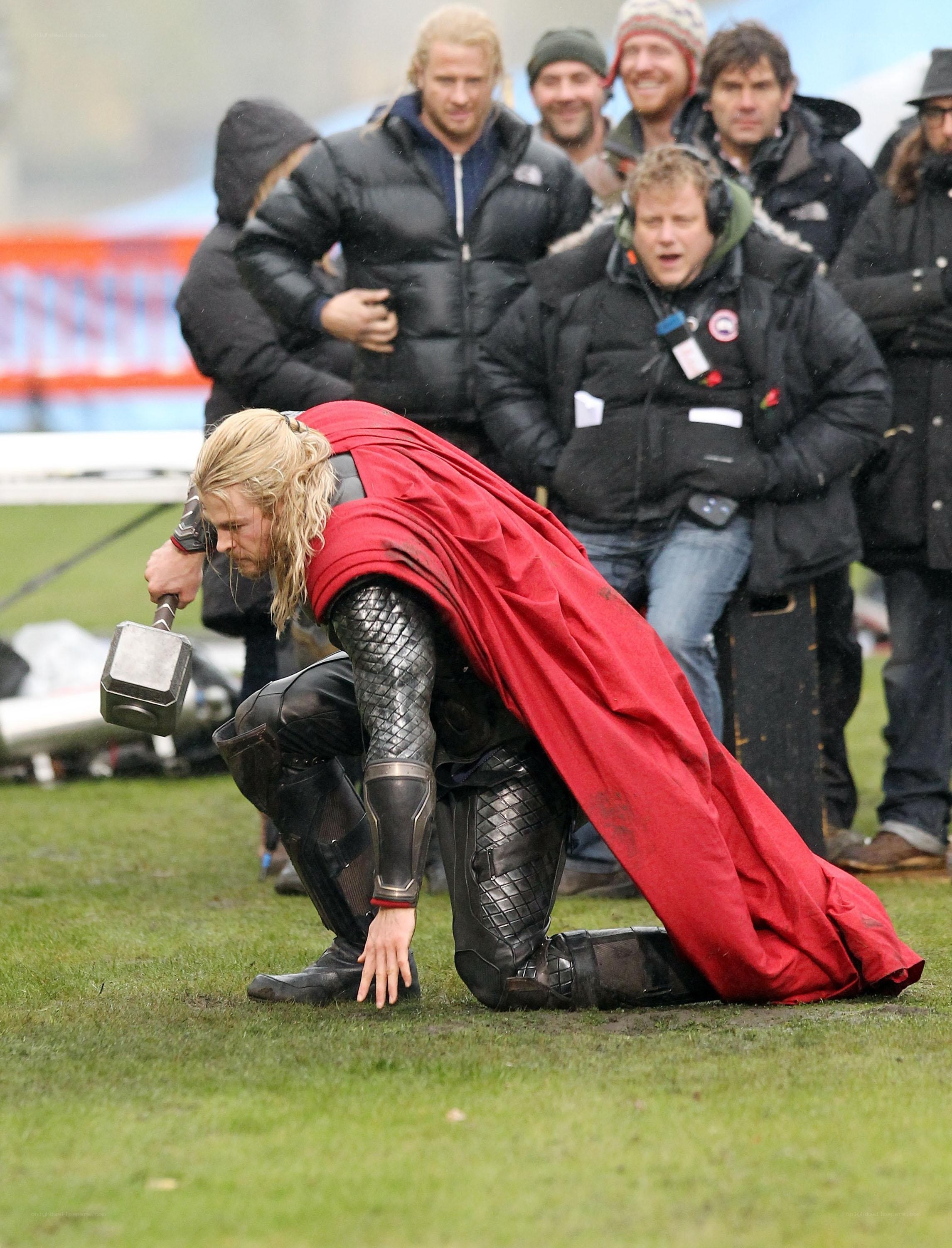 Thor on set with Mjolnir
