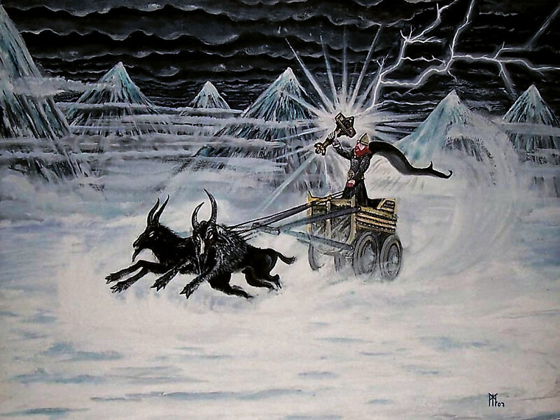 Thor rides in a storm