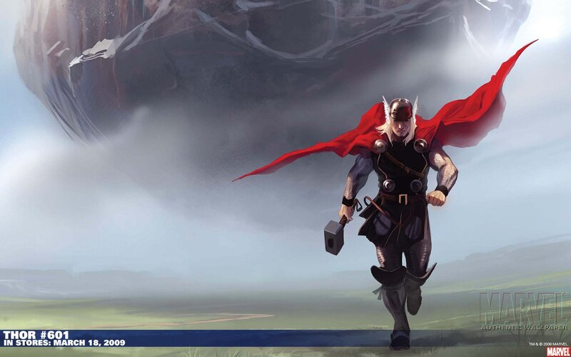 Thor running with Mjolnir