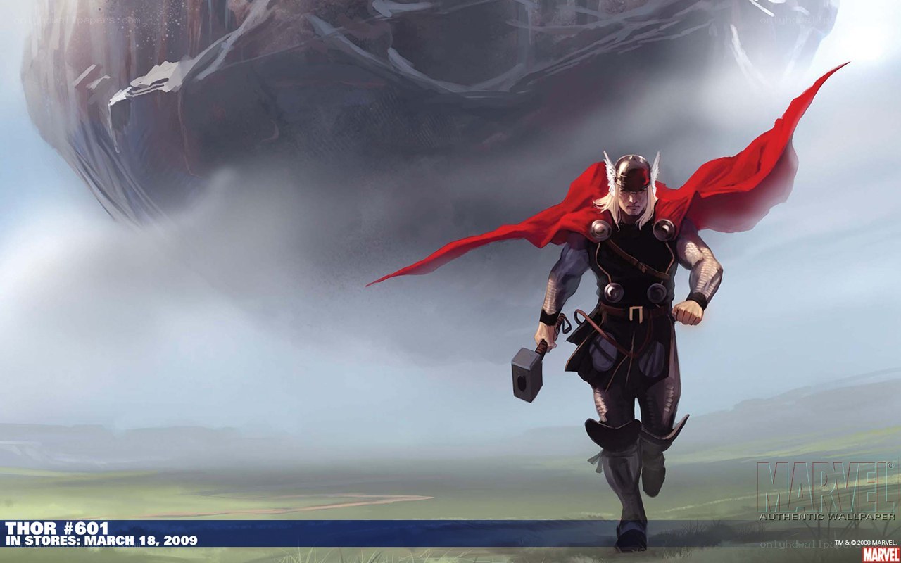 Thor running with Mjolnir