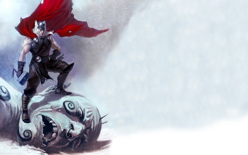 Thor Standing on Monster — Red, Dramatic