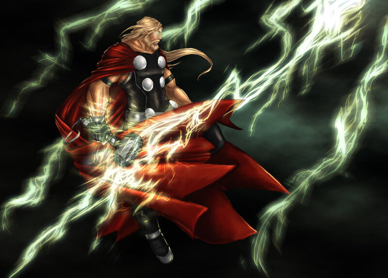 Thor Wielding Lightning — Red, Dramatic