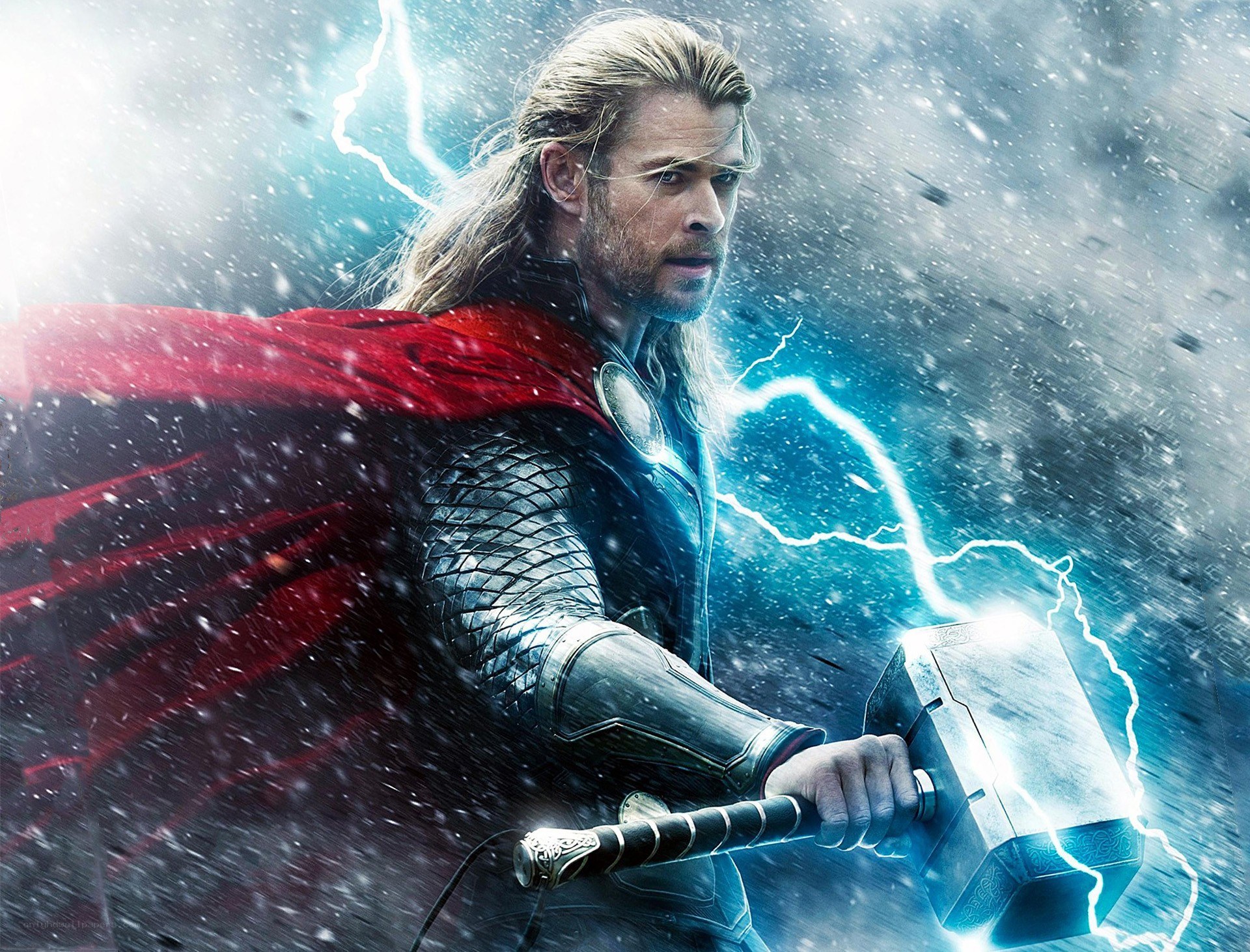 Thor wielding Mjolnir in storm