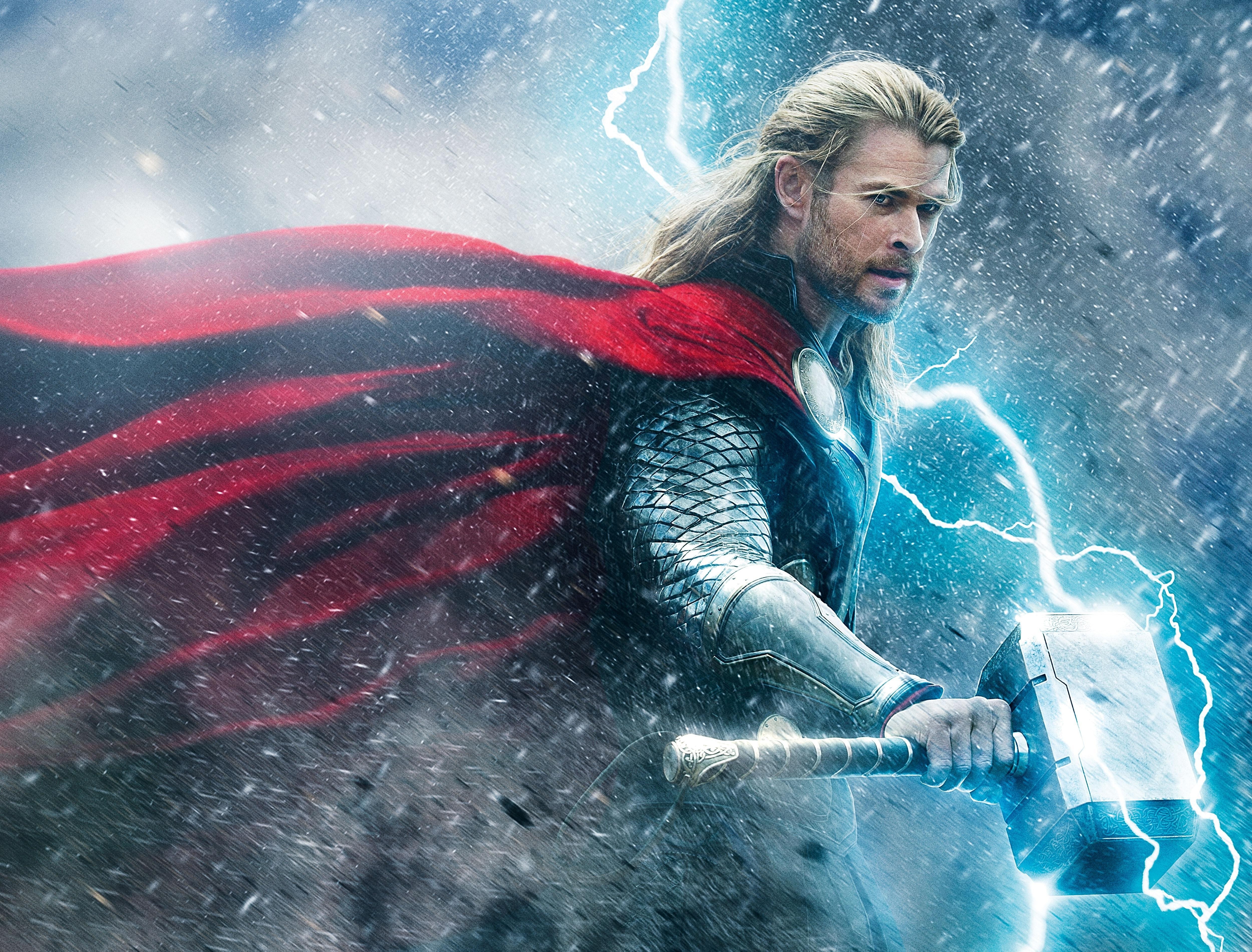Thor wielding Mjolnir in storm