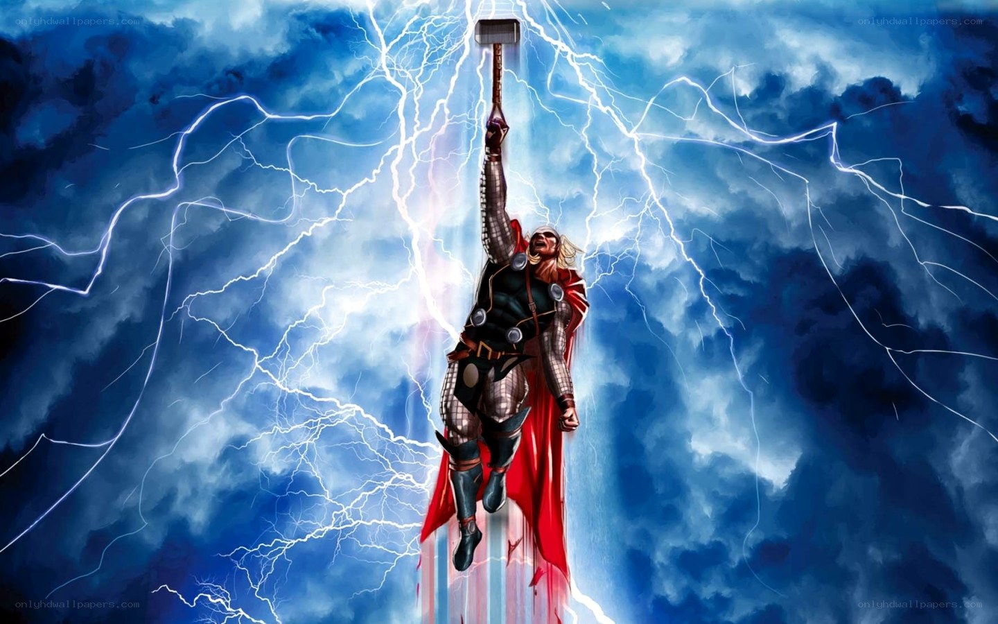 Thor wielding Mjolnir in storm