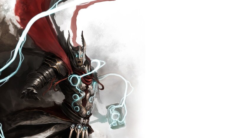 Thor with Lightning — Red, Dramatic, Digital Art, Armor