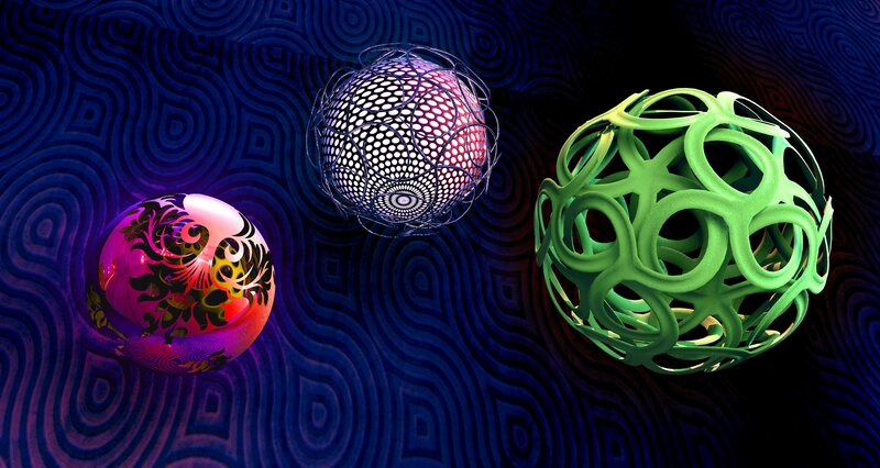 Three abstract spheres on patterned background