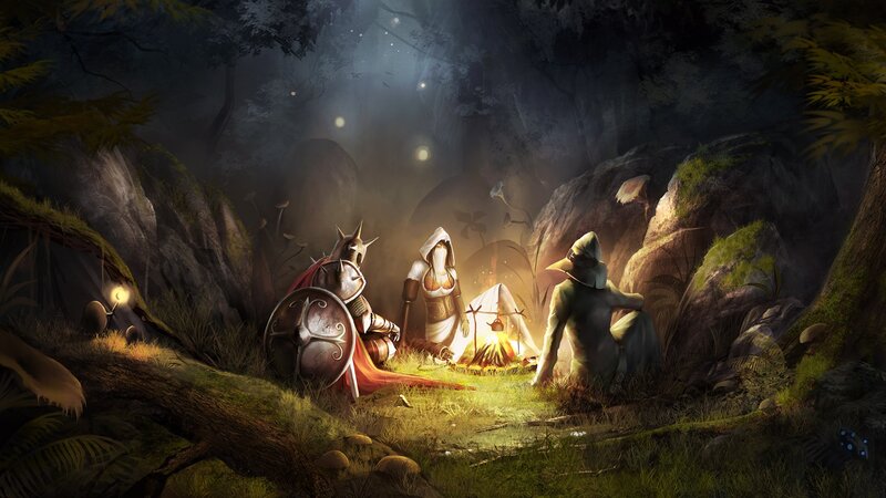 Three Adventurers at Campfire — Green, Dramatic, Night, Digital Art