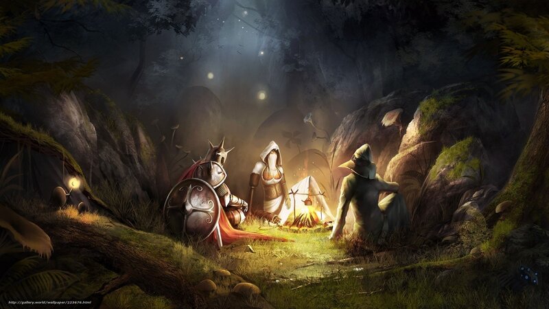 Three Adventurers at Campfire — Green, Dramatic, Night