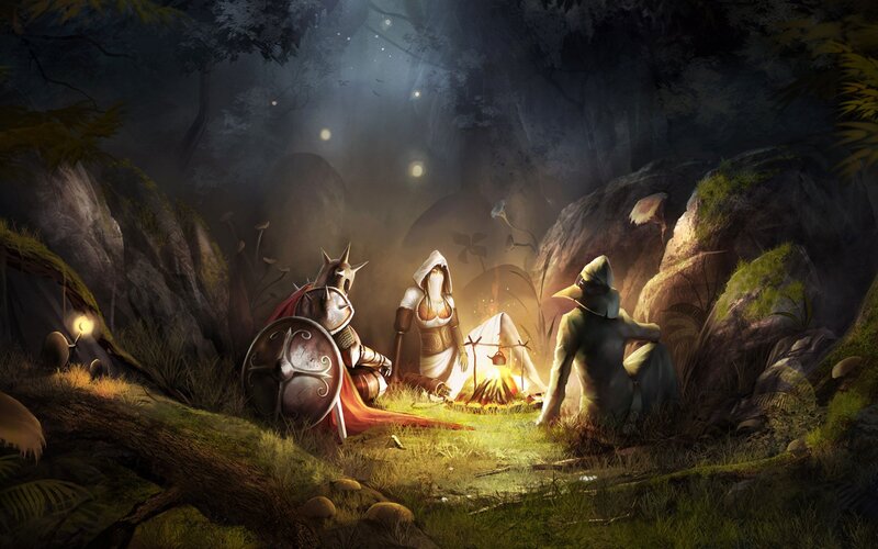 Three Adventurers at Campfire — Green