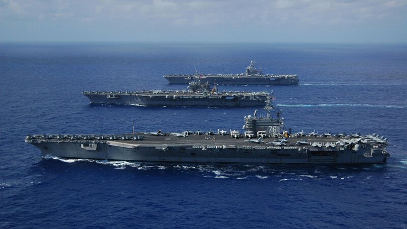 Three Aircraft Carriers at Sea — Blue