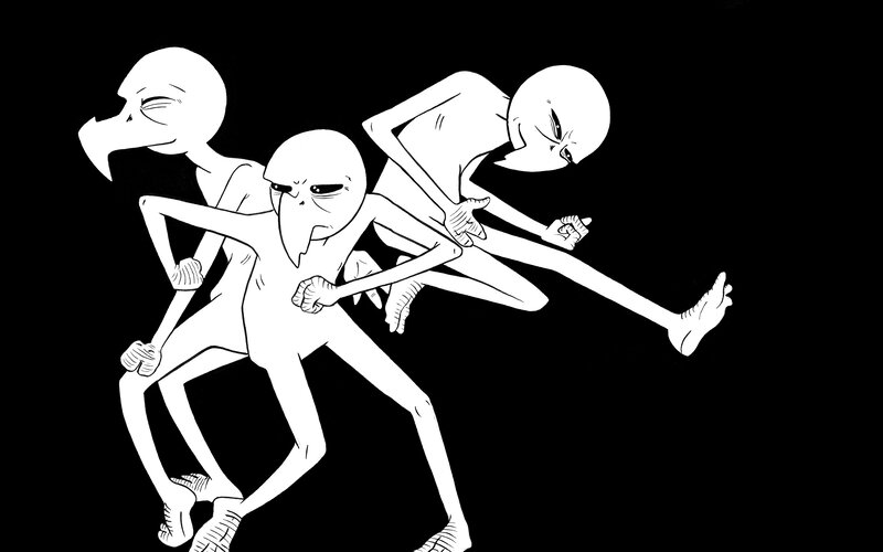 Three Alien Figures — Black, Dynamic