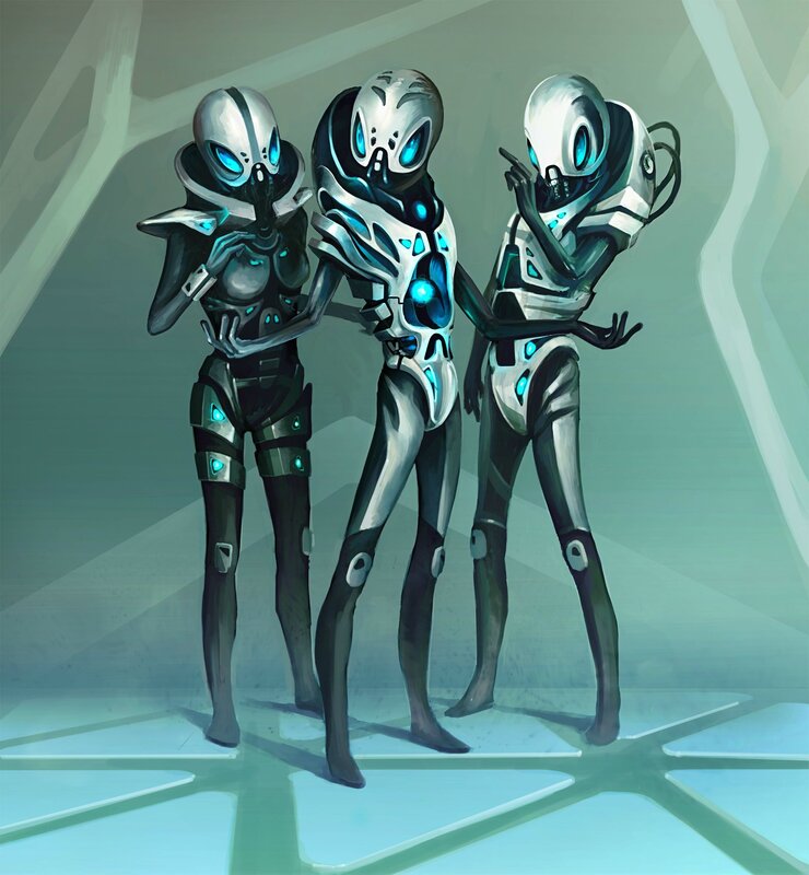 three alien figures in futuristic armor