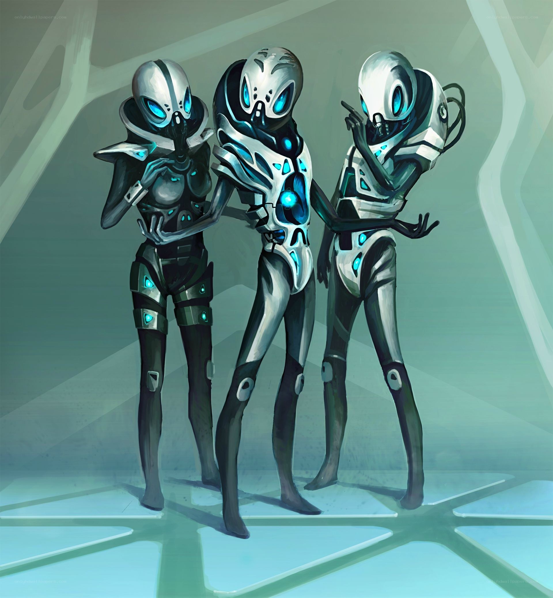 three alien figures in futuristic armor