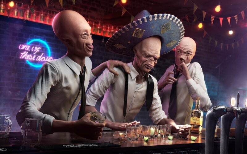 Three Aliens at a Bar