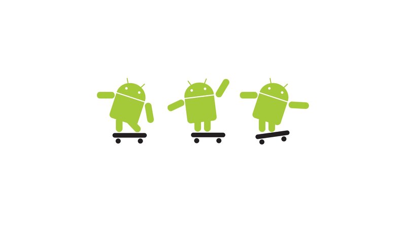 Three Android Robots — Green, Playful, Vector Art, Skateboards, Black, White
