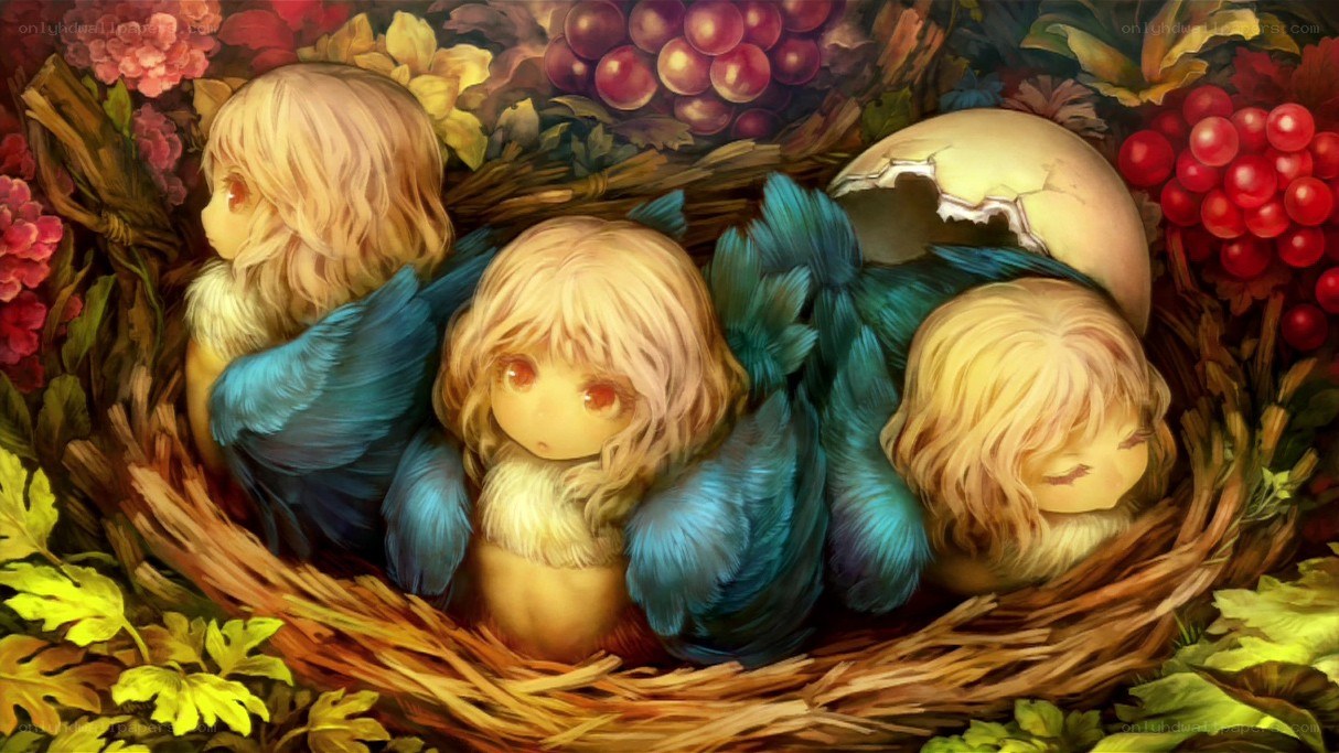 three angelic children in a nest