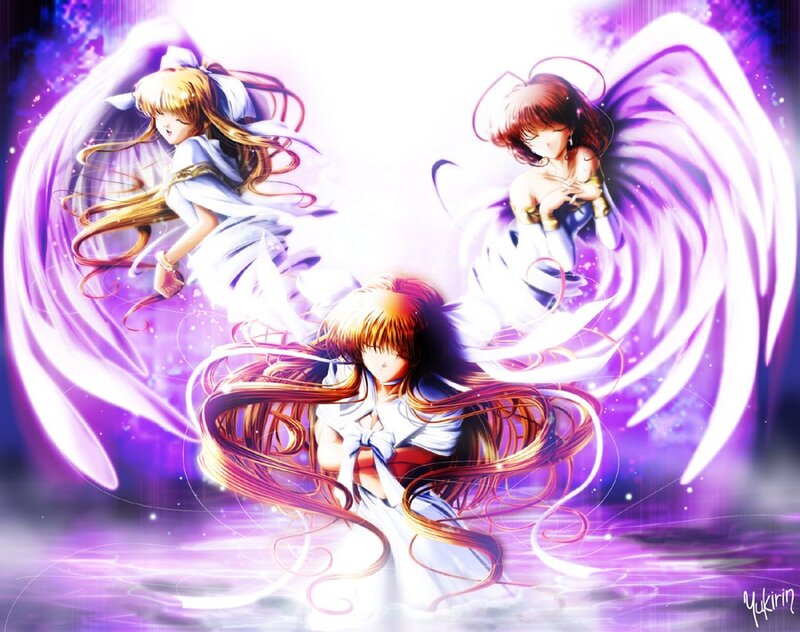 Three angelic figures in white
