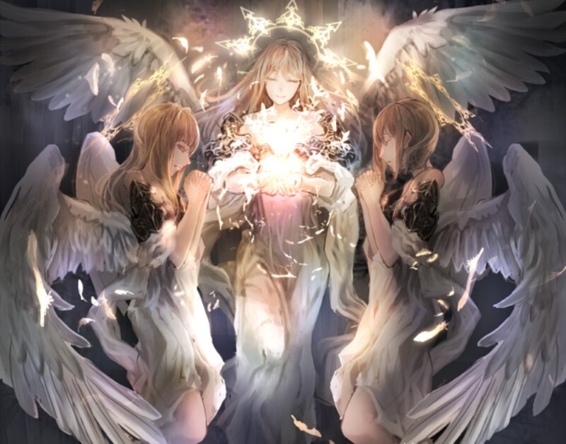 Three Angelic Figures — White, Dramatic