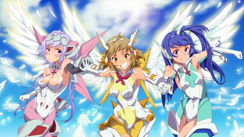 three angelic girls in flight