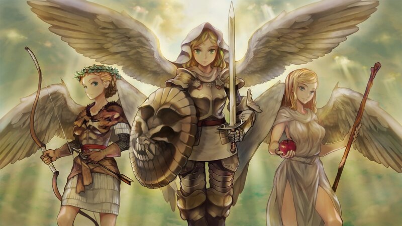Three angelic warriors with wings