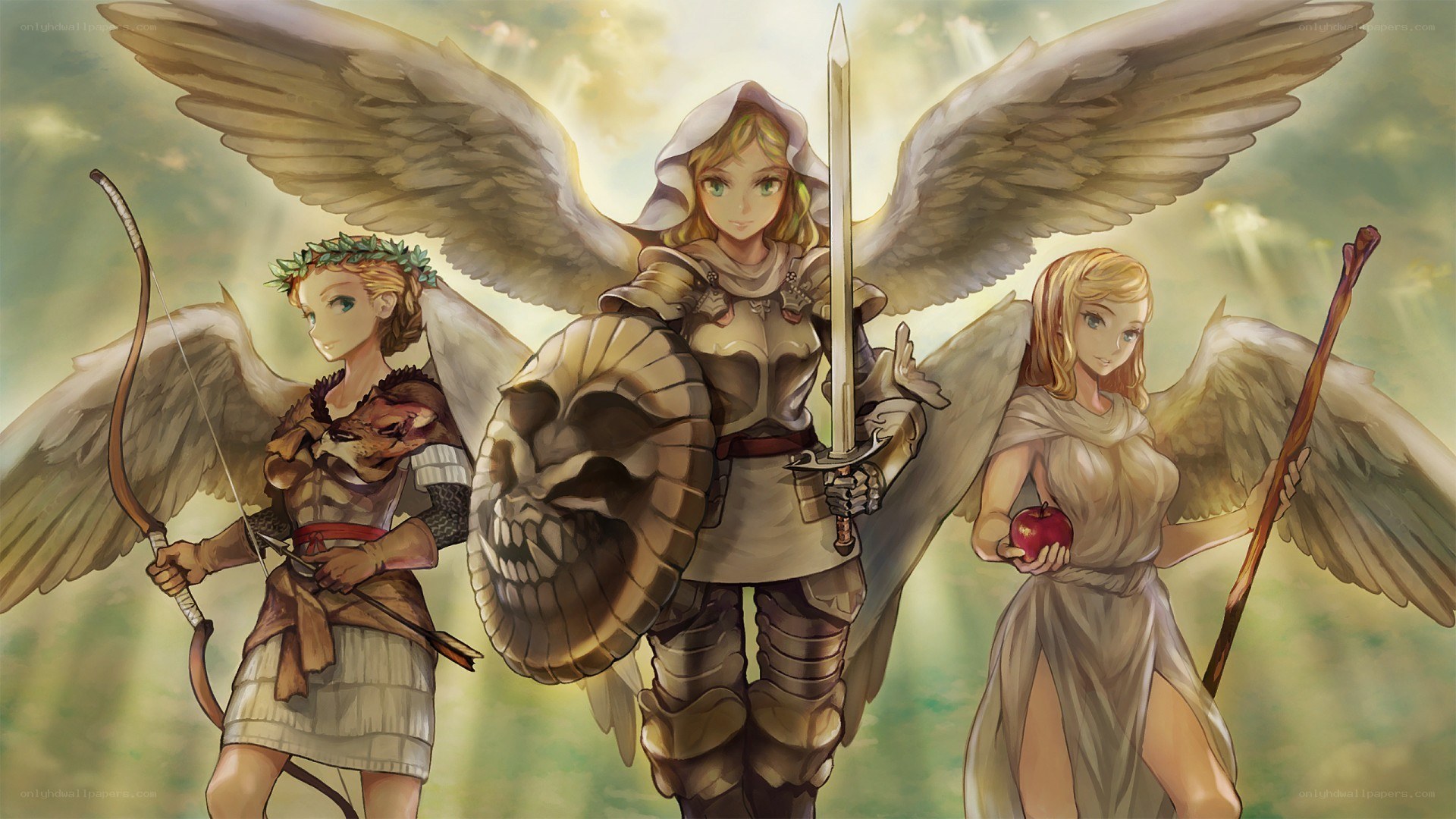 Three angelic warriors with wings